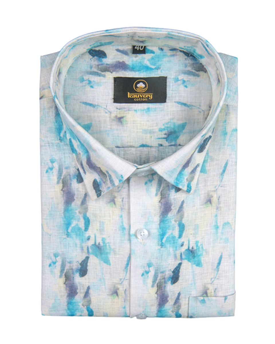 Pure Linen Digital Cream, Ice Blue and Multicolour Men’s Shirt
