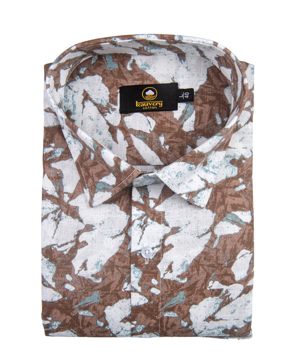 Linen Digital Printed White with Brown Colour Shirt for Men