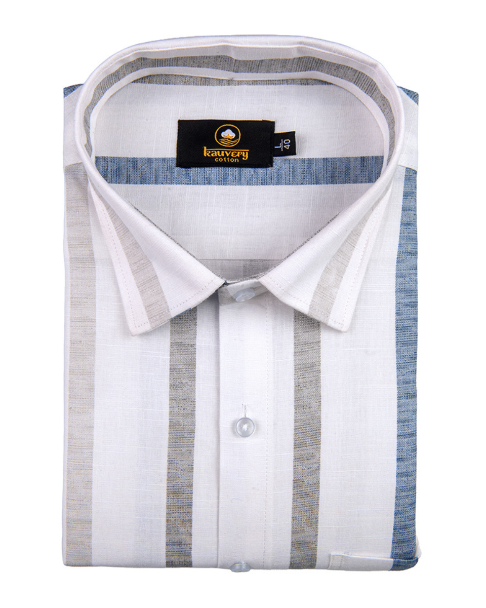 Linen Digital Printed Stiff Lining White with Grey Blue Stripe Shirt for Men