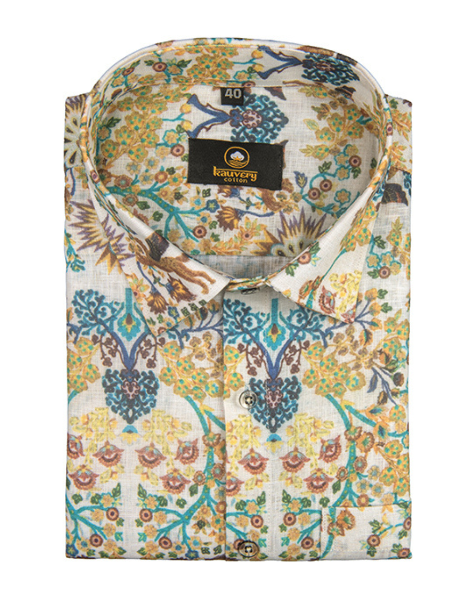 Pure Linen Digital Multicolour Print on Cream Base Men’s Shirt