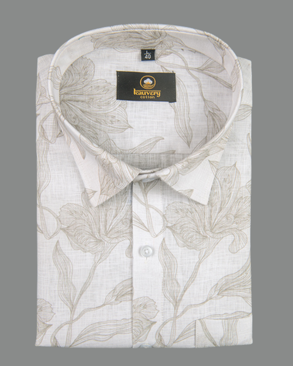 Pure Linen Digital Cream and Brown Floral Men’s Shirt