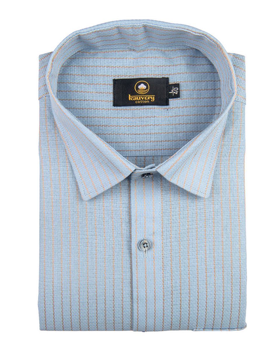 Linen Jute Striped Golden Line Light Blue Colour Shirt for Men