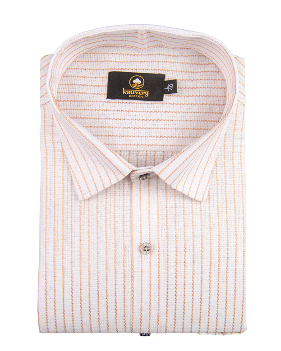 Linen Jute Striped Golden Line Pure White Colour Shirt for Men