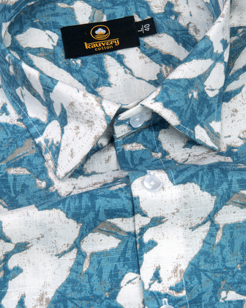 Linen Digital Printed White with Sky Blue Colour Shirt for Men