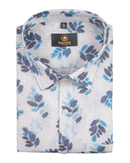 Pure Linen Digital Print Blue with Navy Blue on White Base Men’s Shirt