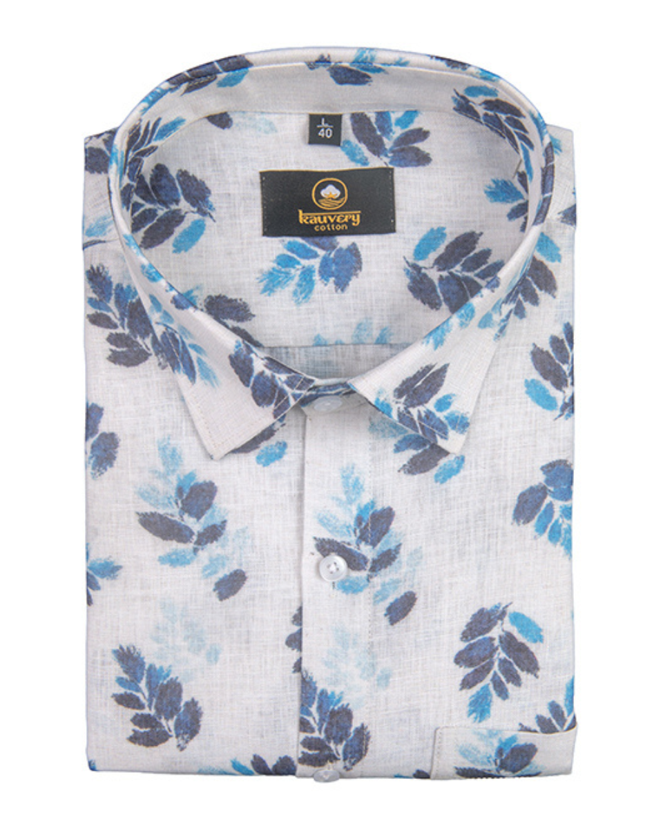 Pure Linen Digital Print Blue with Navy Blue on White Base Men’s Shirt