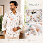 Pure Linen Digital Triangle Print White Base Rust with Rama Colour Shirt for Men
