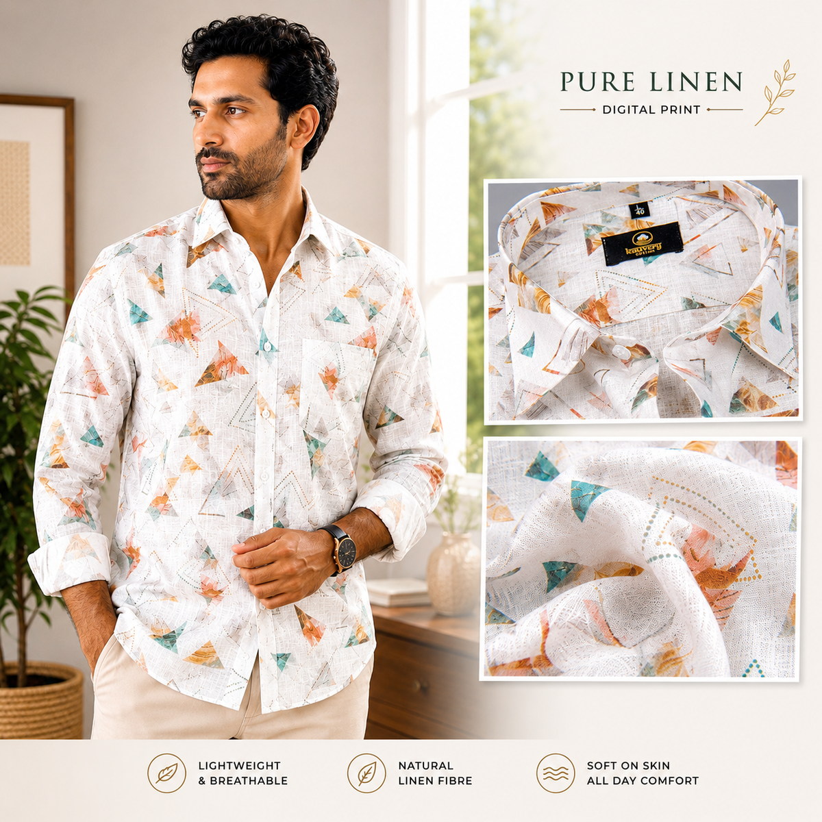 Pure Linen Digital Triangle Print White Base Rust with Rama Colour Shirt for Men