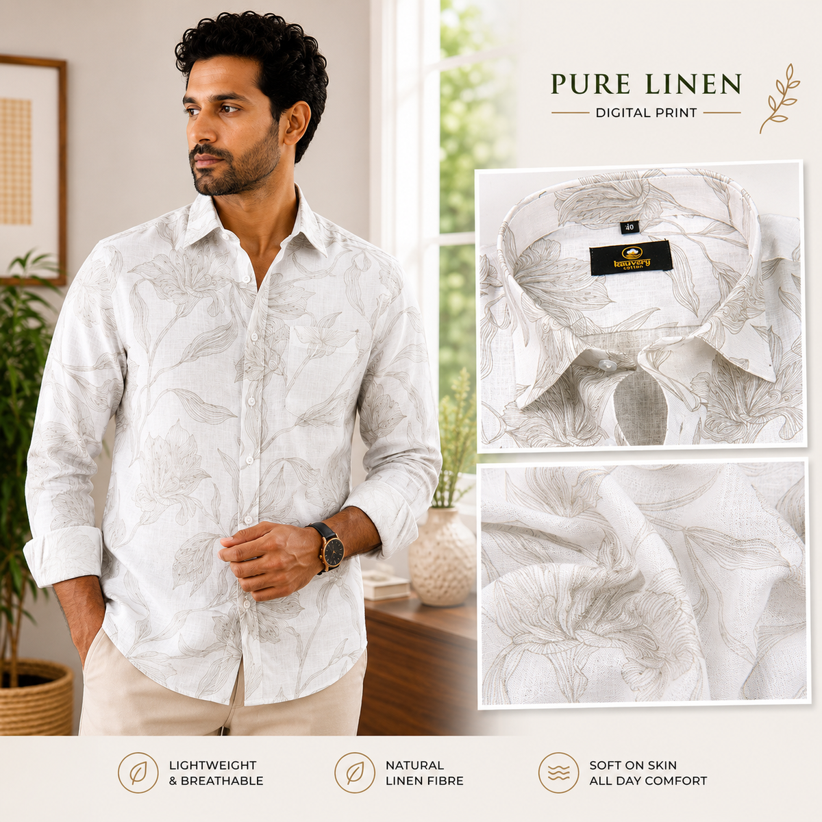 Pure Linen Digital Cream and Brown Floral Men’s Shirt