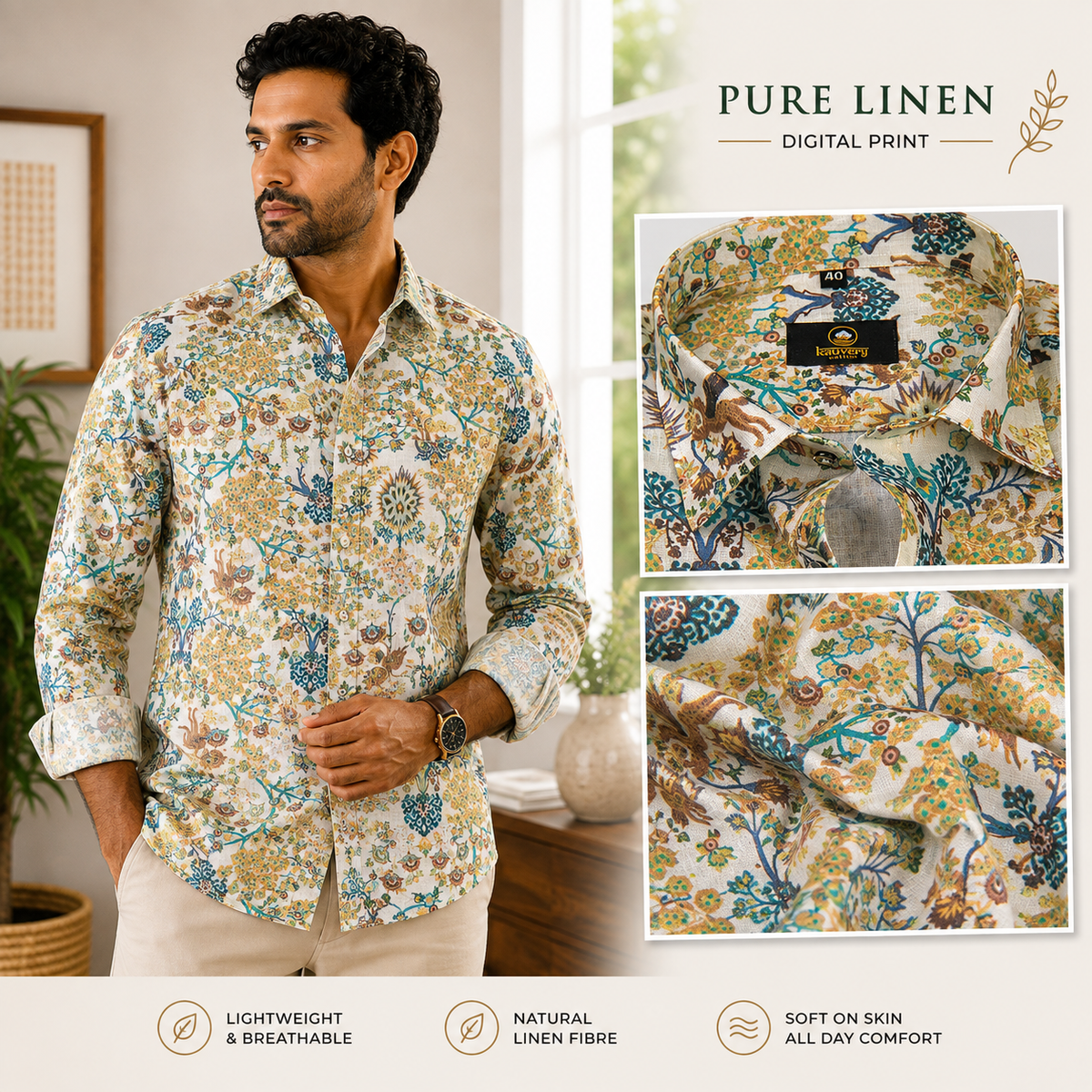 Pure Linen Digital Multicolour Print on Cream Base Men’s Shirt