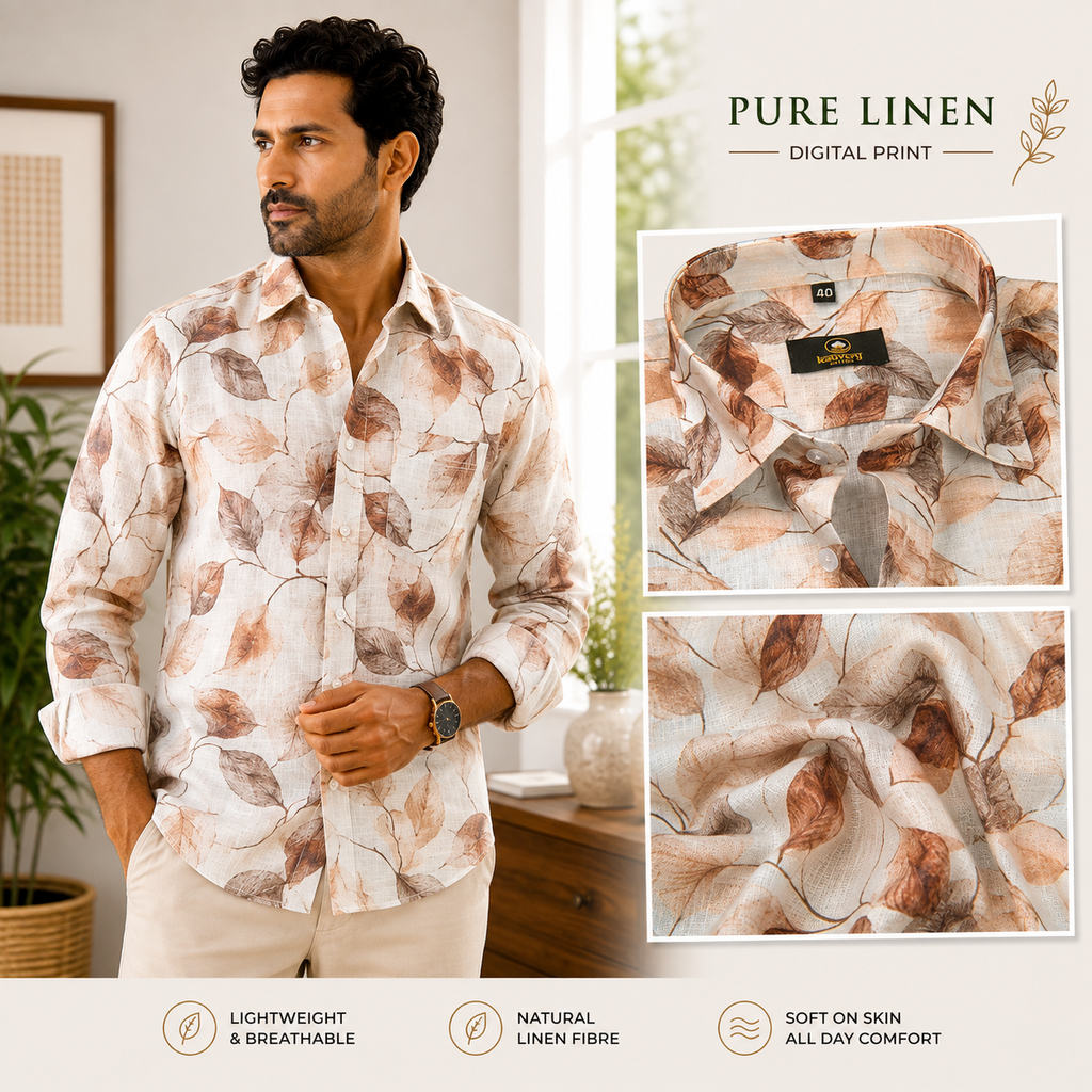 Pure Linen Digital Cream with Rust Floral Men’s Shirt