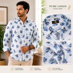 Pure Linen Digital Print Blue with Navy Blue on White Base Men’s Shirt