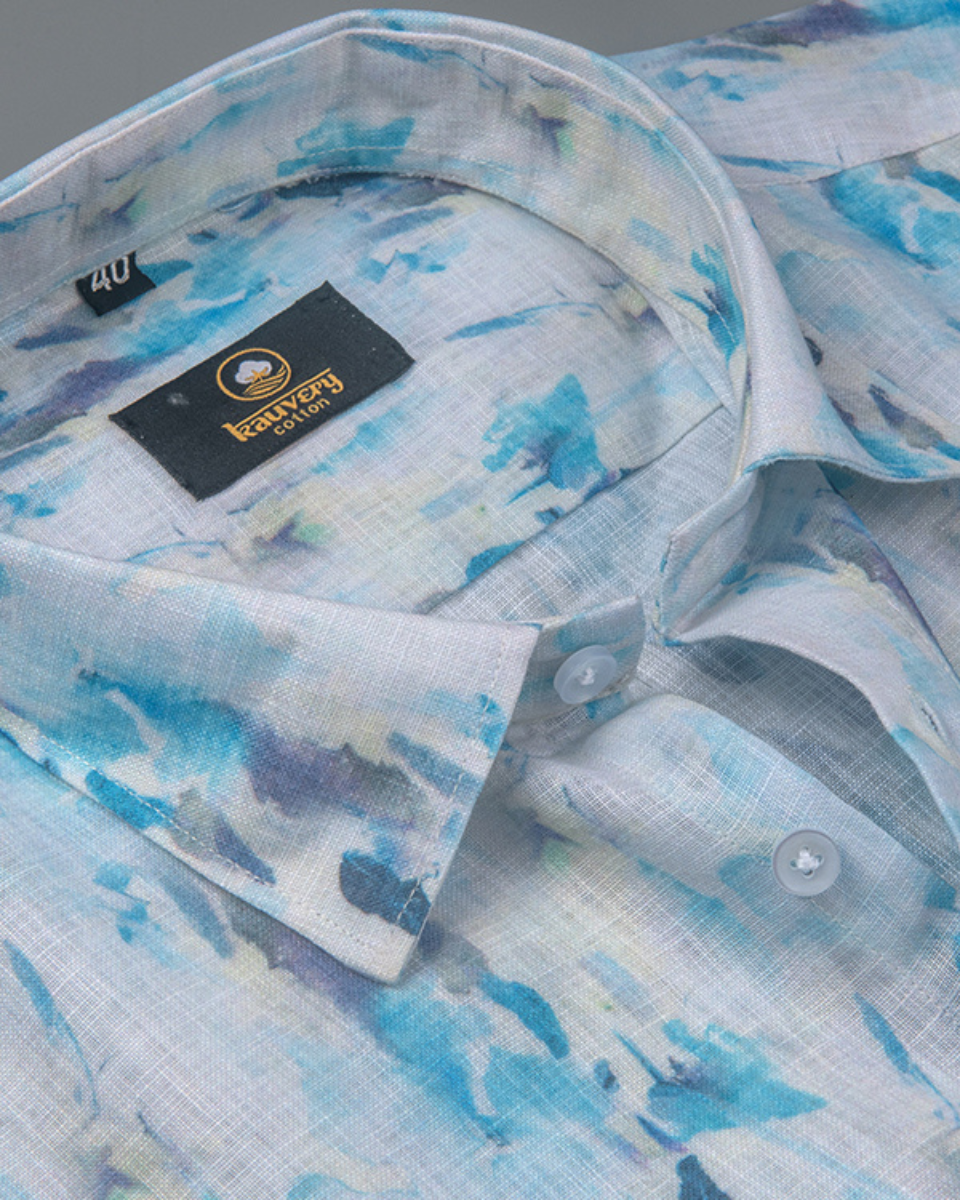 Pure Linen Digital Cream, Ice Blue and Multicolour Men’s Shirt