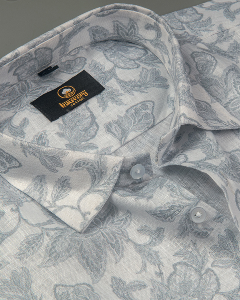 Pure Linen Digital White and Grey Colour Men’s Shirt
