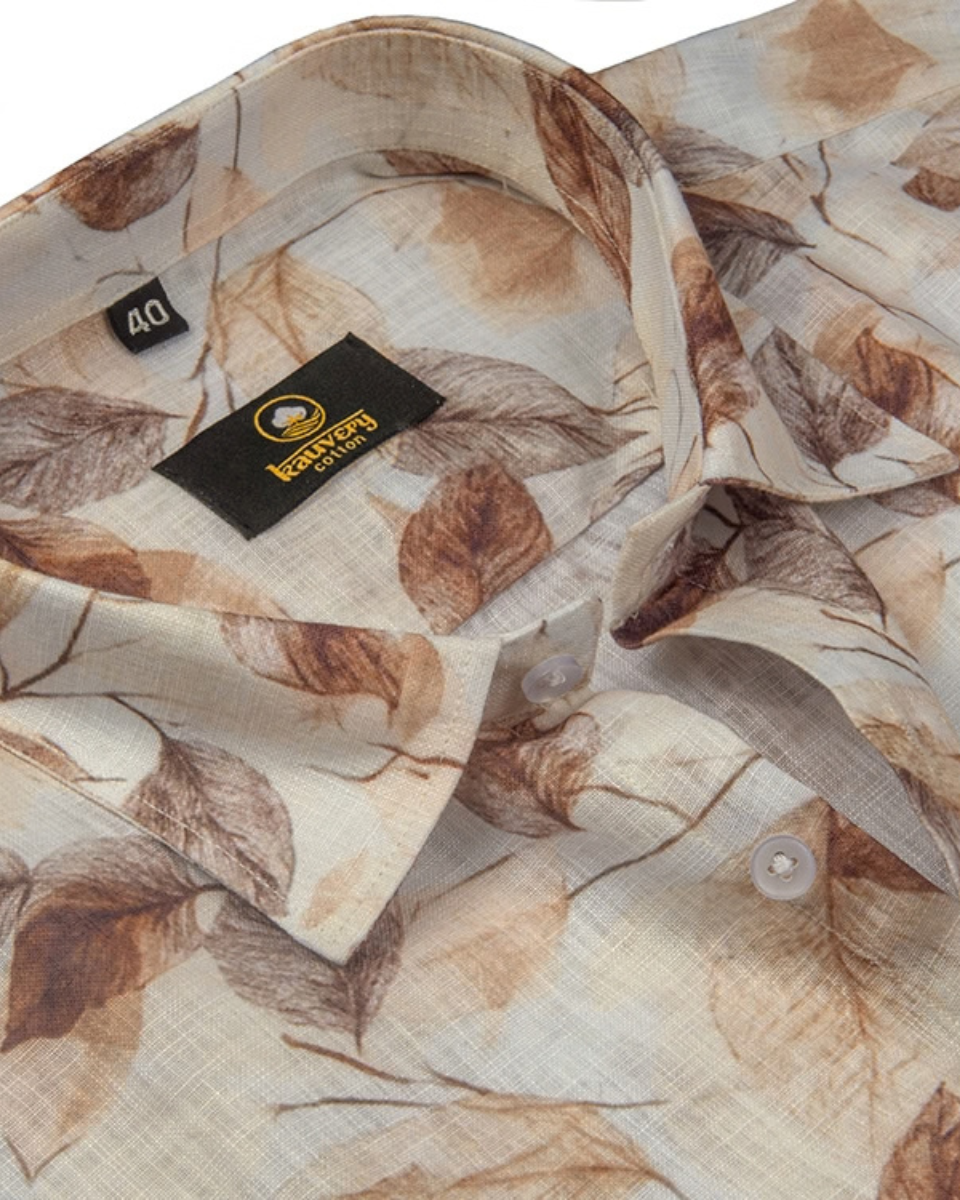 Pure Linen Digital Cream with Rust Floral Men’s Shirt