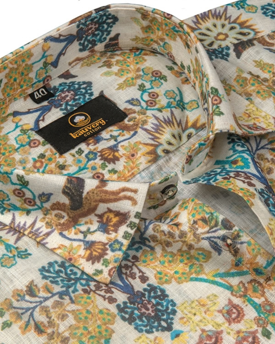 Pure Linen Digital Multicolour Print on Cream Base Men’s Shirt