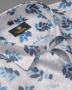 Pure Linen Digital Print Blue with Navy Blue on White Base Men’s Shirt