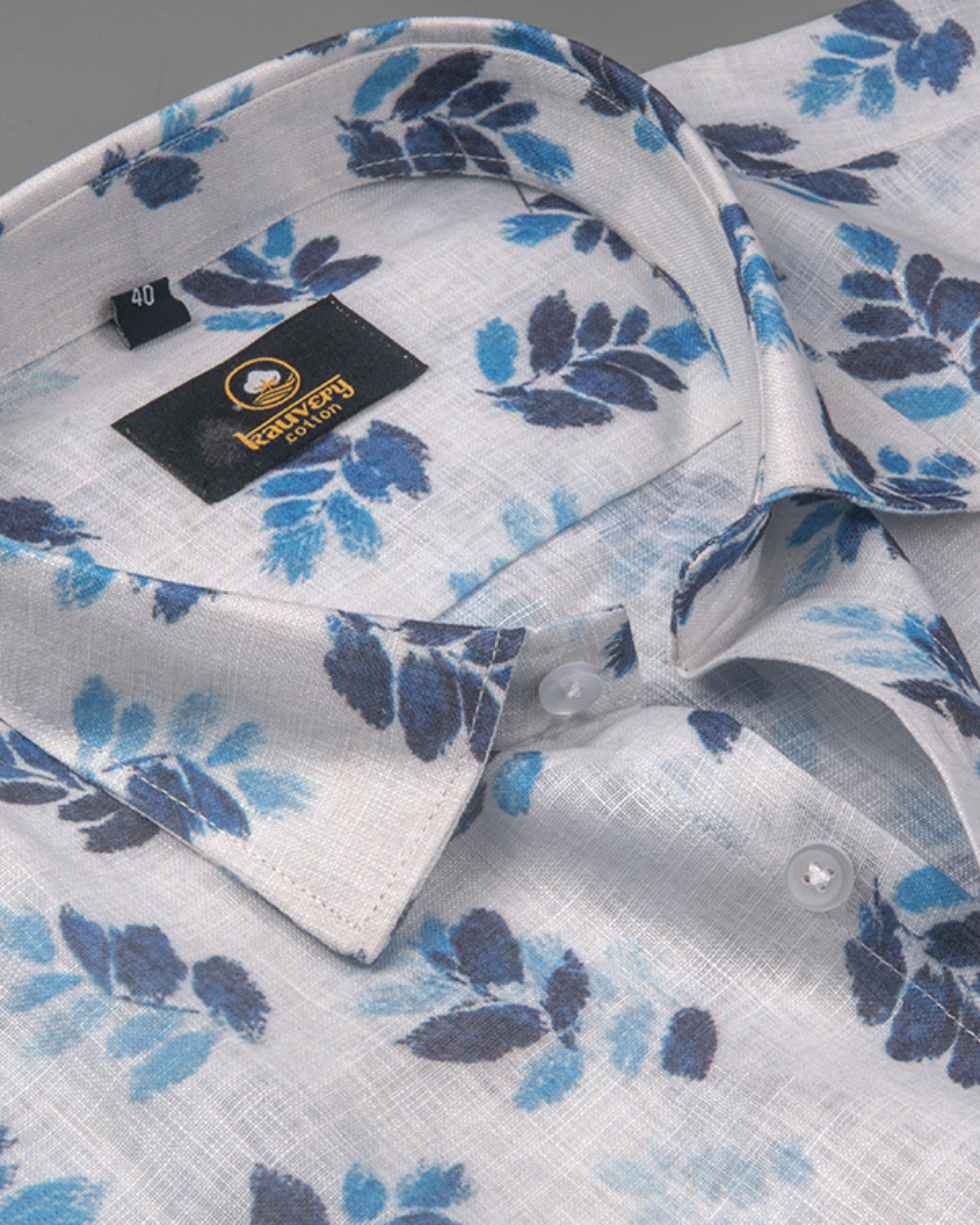 Pure Linen Digital Print Blue with Navy Blue on White Base Men’s Shirt