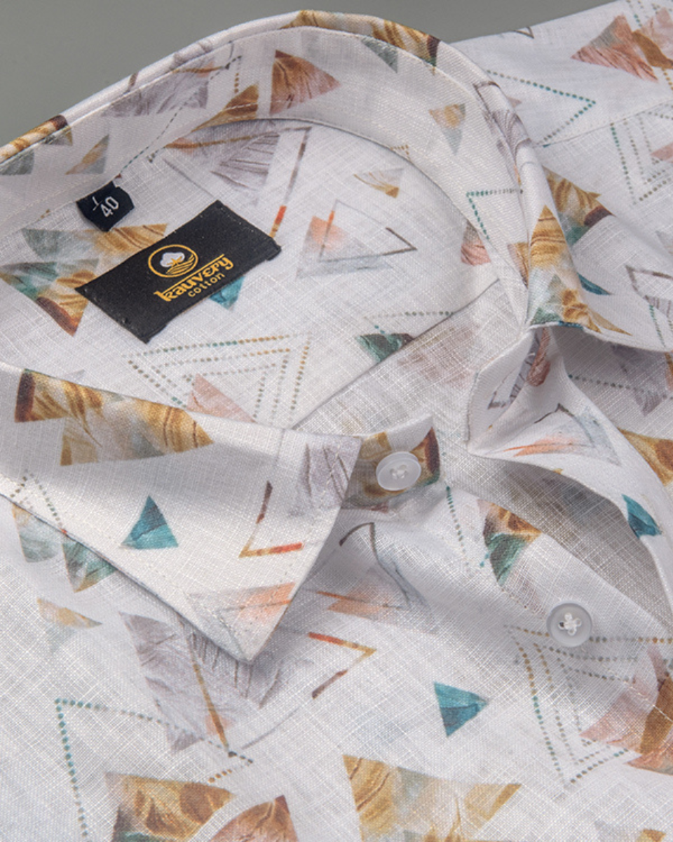 Pure Linen Digital Triangle Print White Base Rust with Rama Colour Shirt for Men