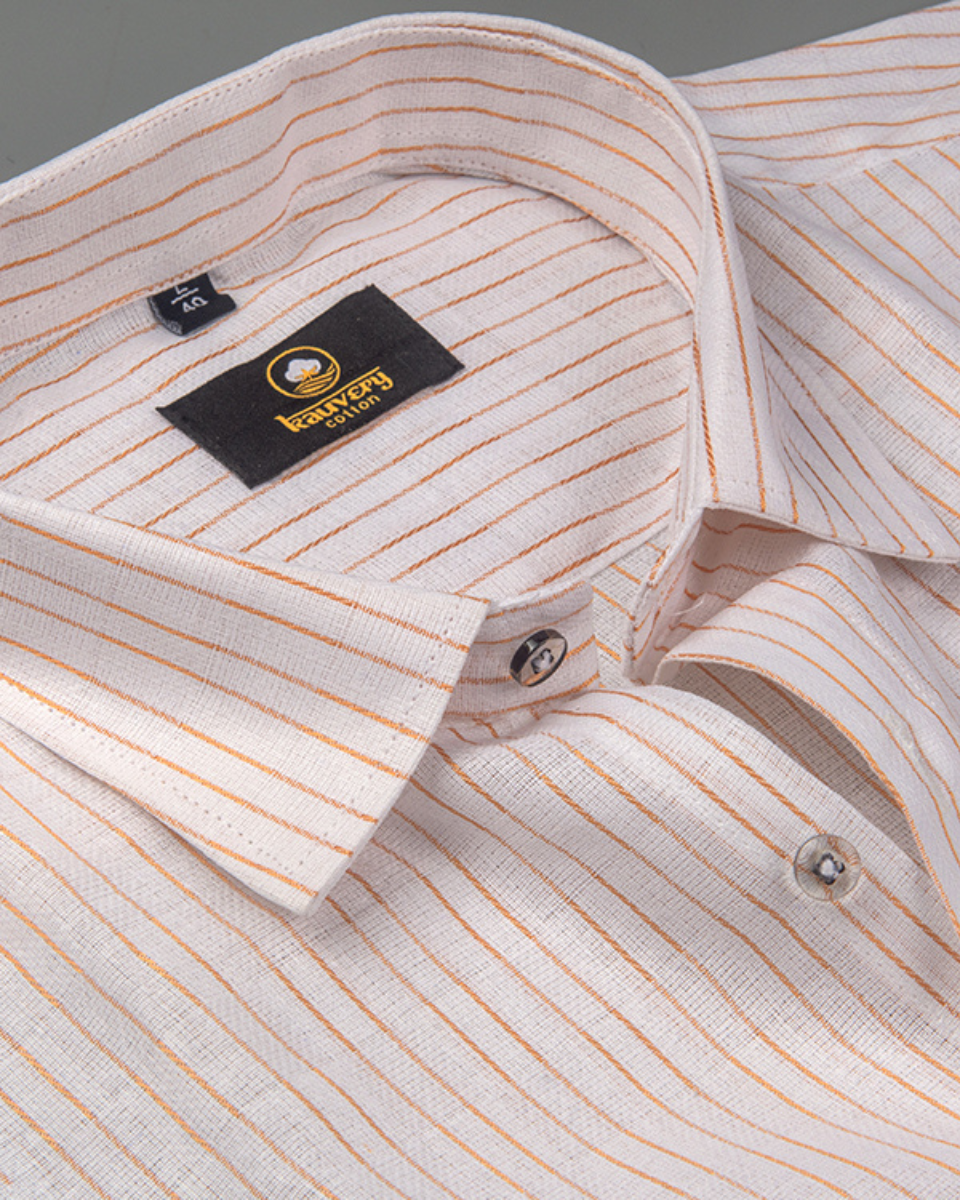 Linen Jute Striped Golden Line Pure White Colour Shirt for Men